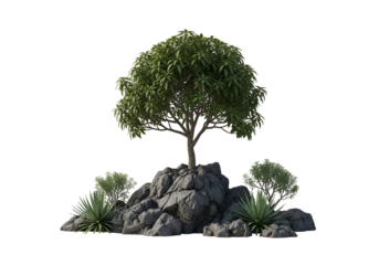 A lush, green tree and various plants rest atop a cluster of dark gray rocks against a black backdrop.