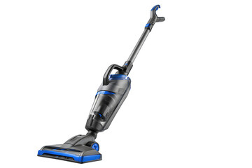 Modern stick vacuum in satin charcoal with cobalt details and extended wand, isolated on transparent background.

