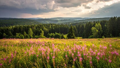 Golden summer sun rises over the rural countryside meadow, painting a beautiful, tranquil landscape