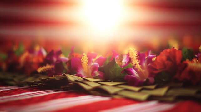 ketupat. Vibrant hibiscus flowers around traditional ketupat weave, warm sunlight and festive mood. event programs, museum guides, designed for cultural heritage projects and event programs.