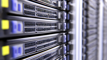 Row of server racks in a data center with ventilation grills and indicator lights