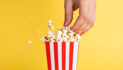 Close-up of hands reaching for popcorn in a striped container against a yellow background