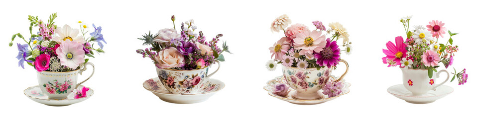 A Collection of Teacups Filled with Delightful Colorful Flower Arrangements