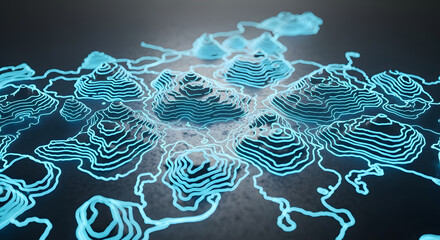 Abstract Topographic Mountain Landscape in Blue Lines