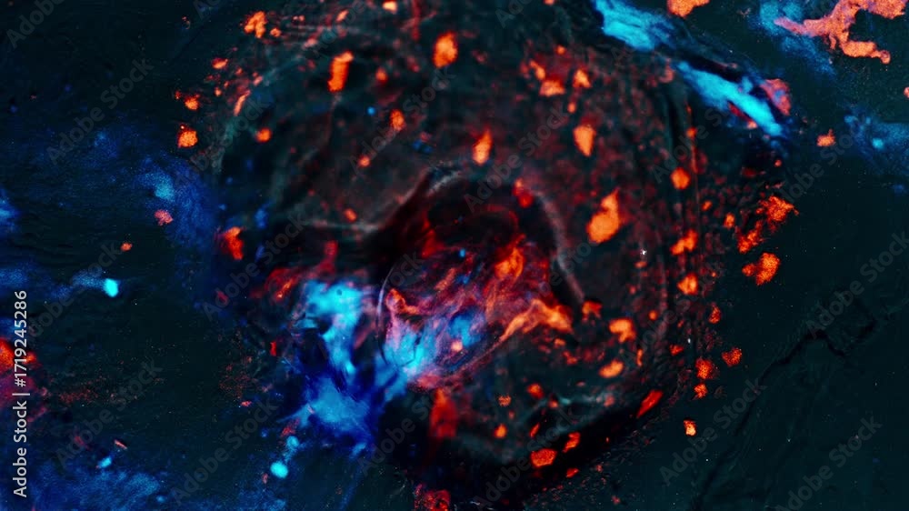 Poster colorful particles dissolving in liquid, creating a vibrant macro scene