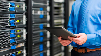 Technician using tablet in server room with rack-mounted equipment