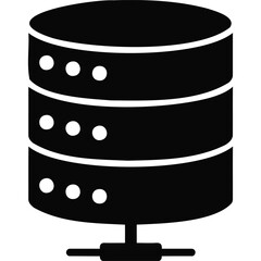A simple black and white graphic of a database server icon with three tiers and small white dots on each silhouette
