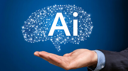 Hand presenting a digital brain with AI text, symbolizing artificial intelligence and technology