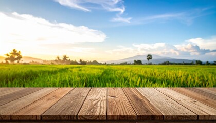 Wooden plank table in foreground with lush green rice field and blue sky with clouds in background during sunrise