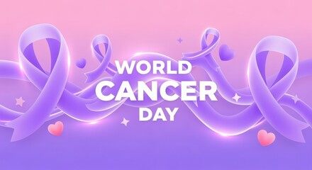 “World Cancer Day” in bold white text with glowing lavender ribbons. Soft gradient pink and purple background