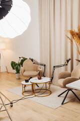 Podcast studio setup showcasing modern recording equipment and creative workspace for engaging interviews and discussions