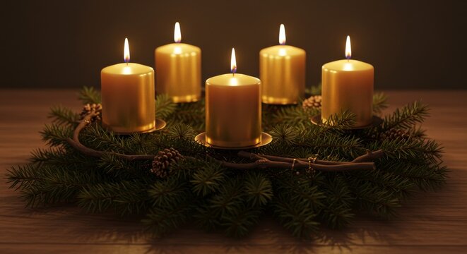 Advent Sunday, Advent wreath with four glowing candles arranged on pine branches
