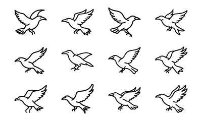 Collection of Line Art Icons – Birds, Flying Dove, Duck Family, Owl Face, Hummingbird, Parrot, Kite, Crane, and Decorative Floral Symbol Outline on White Background