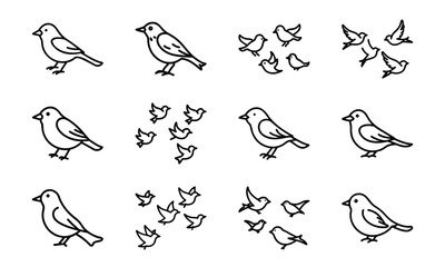 Collection of Line Art Icons – Birds, Flying Dove, Duck Family, Owl Face, Hummingbird, Parrot, Kite, Crane, and Decorative Floral Symbol Outline on White Background
