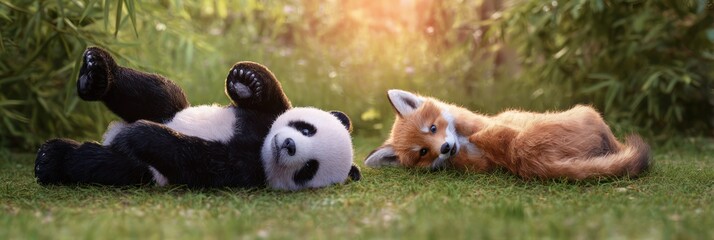 Panda and fox relaxing in grass