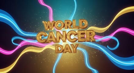 Futuristic 3D glowing ribbons floating around golden embossed text “World Cancer Day”. Cinematic gradient background