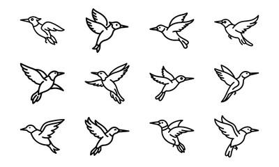 Collection of Line Art Icons – Birds, Flying Dove, Duck Family, Owl Face, Hummingbird, Parrot, Kite, Crane, and Decorative Floral Symbol Outline on White Background