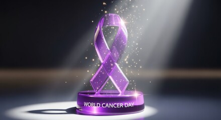Glossy 3D glass lavender ribbon with “World Cancer Day” engraved. Cinematic bright spotlight with particles