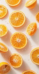 A vibrant, overhead shot showcases numerous orange slices artfully arranged on a light-colored surface, with subtle water droplets adding to the freshness