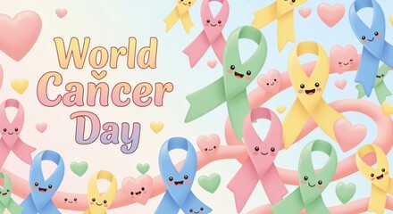 Stylized 2D pastel design with “World Cancer Day” surrounded by smiling ribbons. Cheerful friendly layout