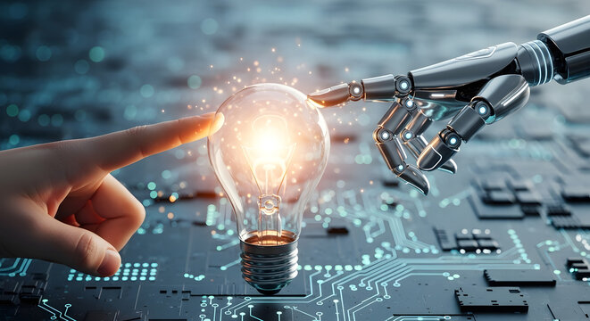 Human and Robot Hands Touching Illuminated Light Bulb on Circuit Board