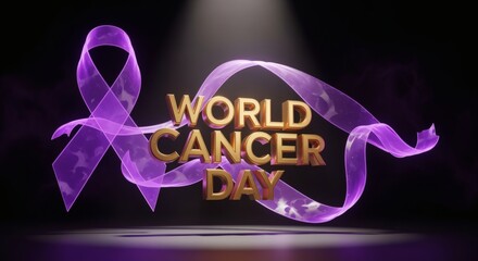 Cinematic 3D scene of purple glowing ribbon wrapping around golden letters “World Cancer Day.”
