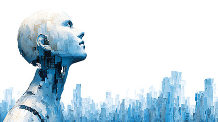 Digital humanoid figure with mechanical features against a futuristic cityscape