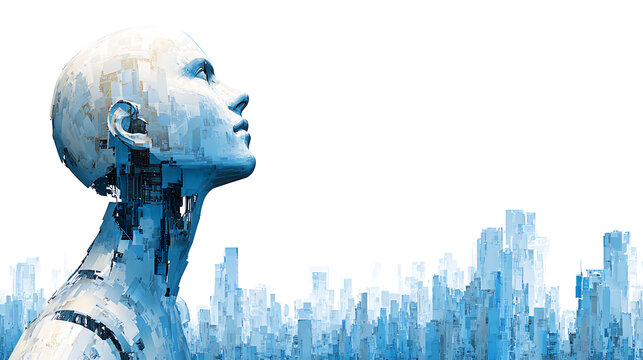 Digital humanoid figure with mechanical features against a futuristic cityscape - Powered by Adobe