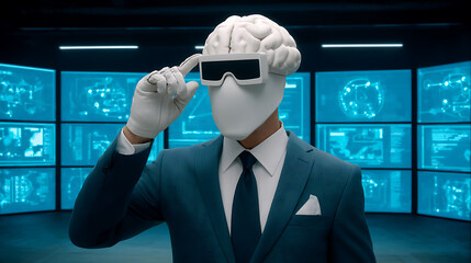A humanoid figure with a brain for a head, wearing sunglasses and a suit, stands in a high-tech control room with digital displays.