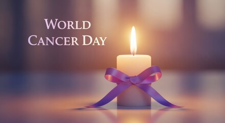 Photorealistic image of a glowing candle with lavender ribbon and “World Cancer Day” overlay. Calm supportive look