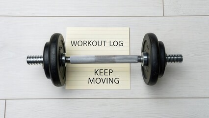 Fitness Motivation with Workout Log and Dumbbell on Wooden Background
