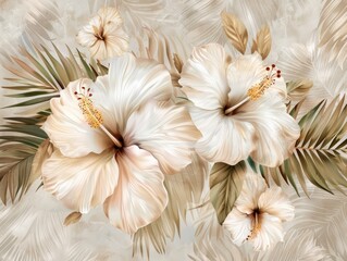 A detailed depiction of creamy-white hibiscus blossoms nestled amongst beige tropical leaves, creating a lush and elegant floral arrangement against a muted background