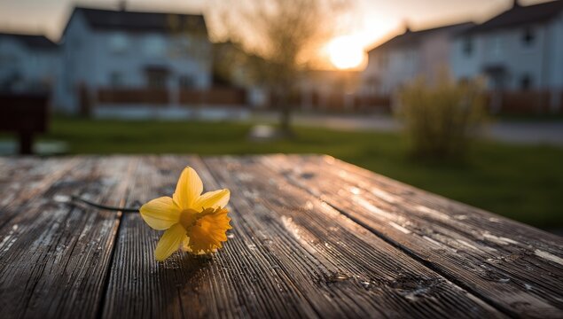Yellow daffodil on weathered wooden table at sunset over a suburban street