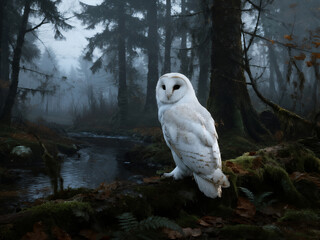 A majestic barn owl with white feathers perched on a mossy log in a misty forest near a stream. The moody and atmospheric scene is perfect for fantasy art, wildlife photography, mystical concepts