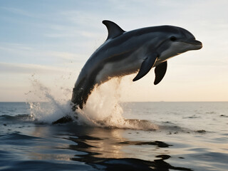 A dolphin leaping out of the water against a dramatic sunset background. Perfect for marine life projects, ocean conservation campaigns, travel ads, and educational content about dolphins.