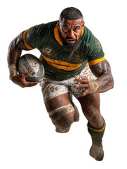 Rugby player running with ball isolated on transparent background