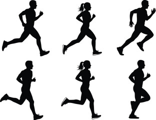 Running silhouettes, athletic motion, male and female runners, fitness concept, dynamic movement, sports training, black figures, isolated white background, speed, posture