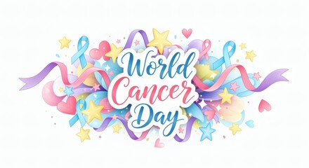 Pastel illustration with “World Cancer Day” in flowing script surrounded by stars and ribbons. Cheerful and kind 2D layout