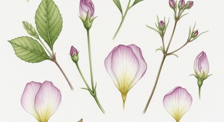 Watercolor Floral Illustration: Delicate Petals Buds and Leaves.