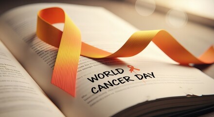 Photoreal macro ribbon lying across a book page with “World Cancer Day” written in ink. Bright symbolic supportive style