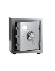 A gray metal safe with a combination lock, slightly ajar, revealing a blank label and keyhole