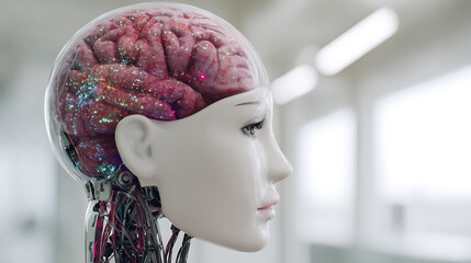 Robotic head with exposed brain and internal wiring in a laboratory setting