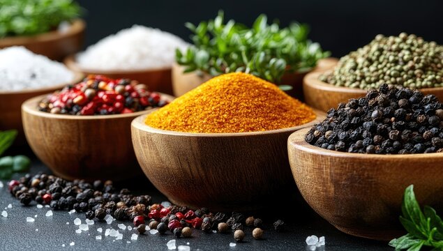 Assorted spices in wooden bowls on dark surface (1)