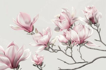 Obraz premium Delicate blush pink magnolia blossoms branch against a muted grey background, showcasing soft petals and subtle grey branches in a serene, artistic composition