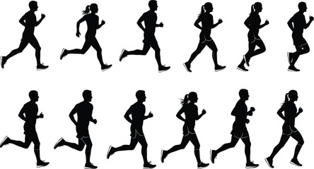 Running silhouettes, athletic motion, male and female runners, stride stages, sports biomechanics, fitness training, jogging form, dynamic movement, outdoor exercise, health