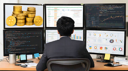Person working at a desk with multiple monitors displaying financial data, code, and cryptocurrency visuals