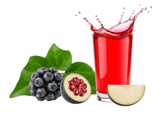 A vibrant glass of reddish juice, bursting with splashes, sits alongside fresh, dark berries and a sliced fruit, creating a colorful and healthy beverage display against a black background.