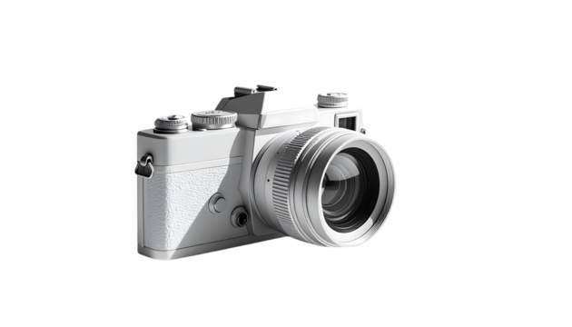 Sleek, monochromatic 35mm film camera with a large lens, subtly lit against a black backdrop, showcasing its clean design and classic form