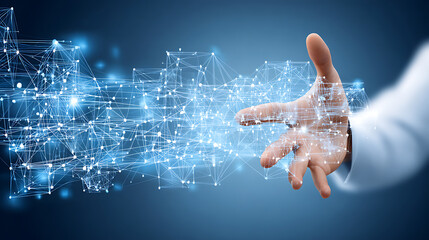 Hand interacting with a digital network of connected nodes and data points in a futuristic technology environment