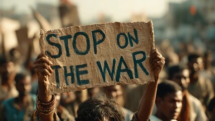 A person holds a hand-painted sign reading "Stop the War" during a protest